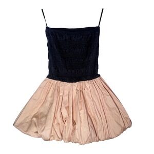FORE Black Beige Smocked Bubble Balloon Mini Dress Square Neck Spaghetti Strap